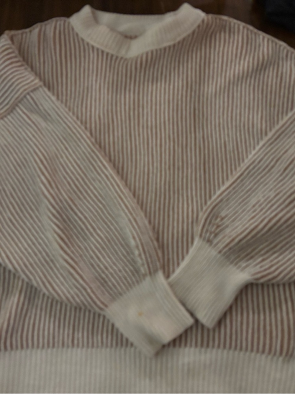 aerie Cream and Tan Pink Striped Crewneck Sweater